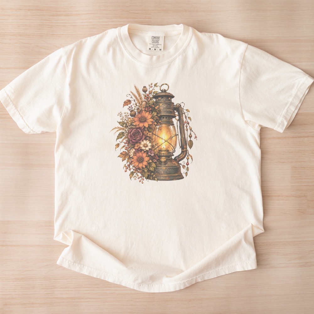 Rusted Lantern Glowing Through an Autumn Floral Bouquet Tee